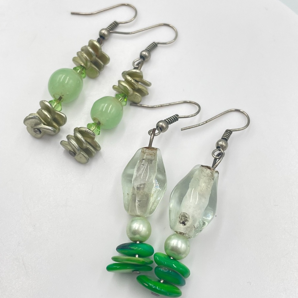 Vintage Y2K Earthy Green Beaded Dangle Earrings 2 Pair Set Boho Statement Lot